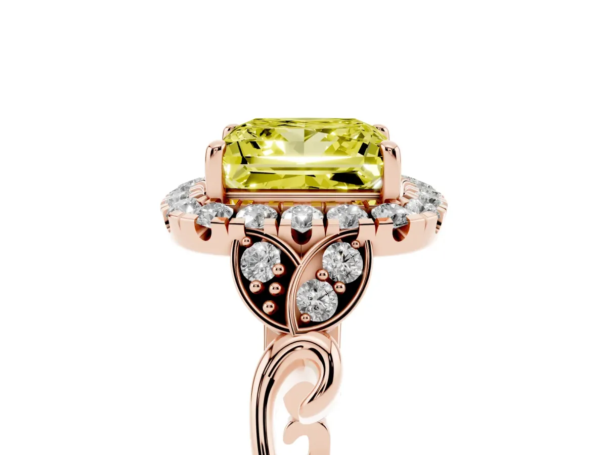 Fancy Yellow Princess Cut Halo Diamond Engagement Ring with Vintage-Inspired Band and Four-Prong Setting Rose gold