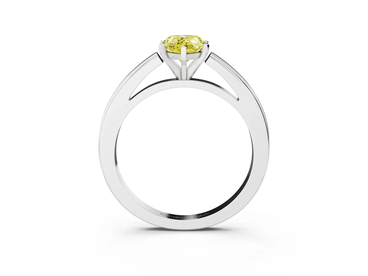 Fancy Yellow Pear Cut Solitaire Diamond Ring with Four-Prong Setting and Classic Band Platinum