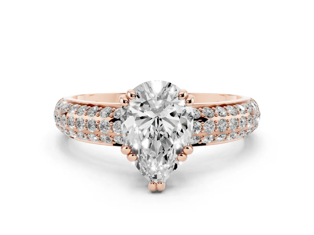 Pear Cut Diamond Solitaire Ring with Multi-Row Round Pavé Band and Prong Setting Rose gold