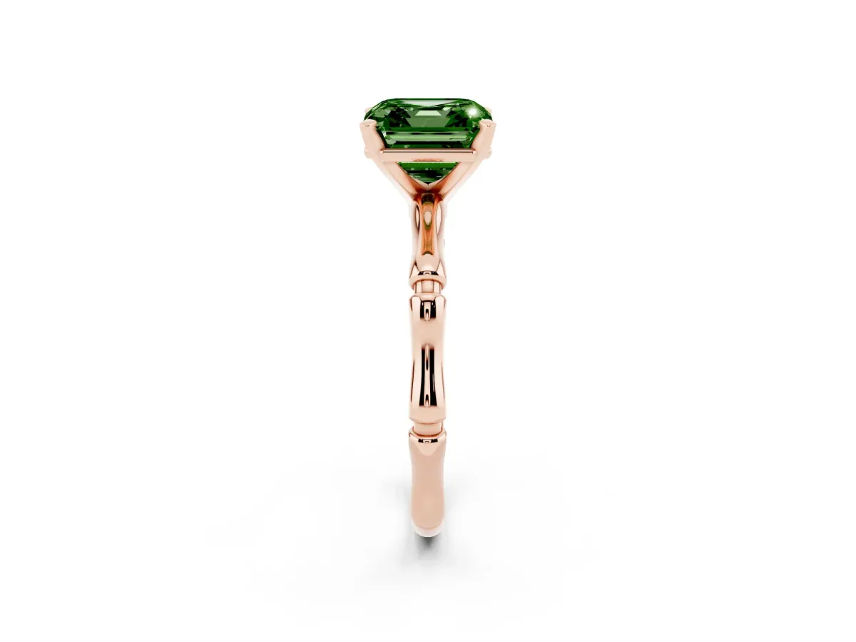 Fancy Green Asscher Cut Solitaire Diamond Ring with Bamboo Band and Four-Prong Setting Rose gold