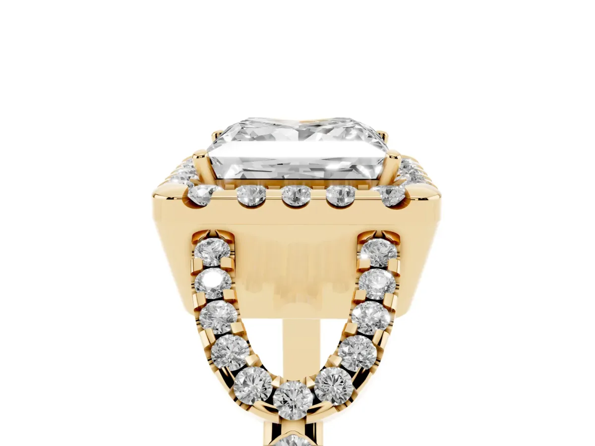 Princess Cut Cut Diamond Halo Engagement Ring with Open Split Pavé Band Yellow gold