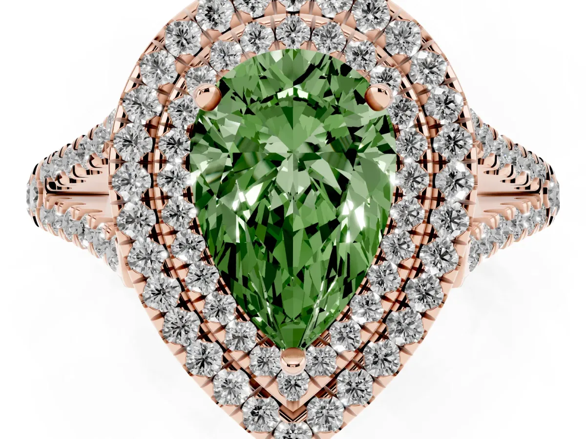 Fancy Green Pear Cut Diamond Double Halo Ring with Pavé Band and Prong Setting Rose gold
