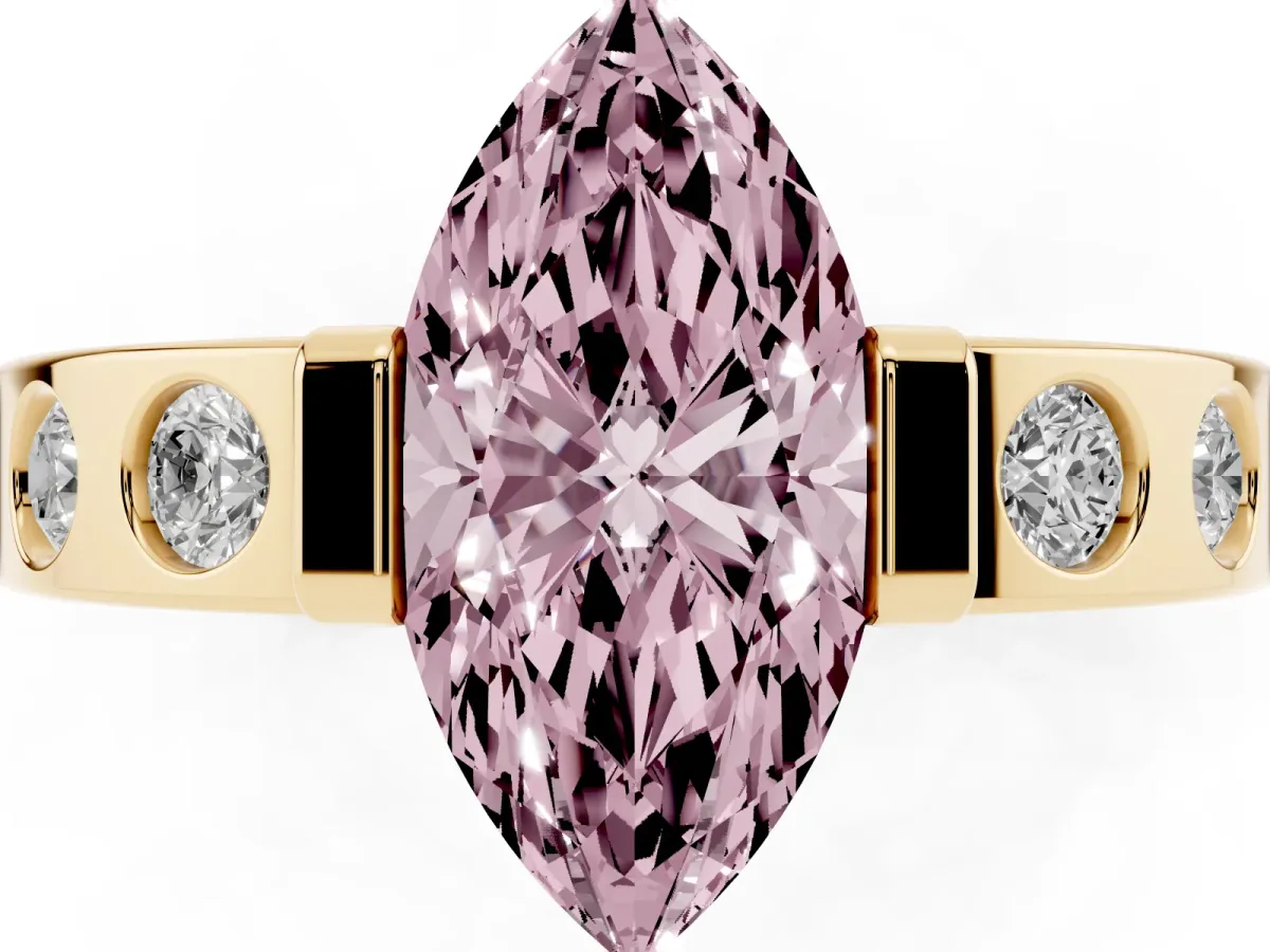 Fancy Pink Marquise Cut Brilliant Channel-Set Diamond Ring with Bezel Prong Setting Yellow gold