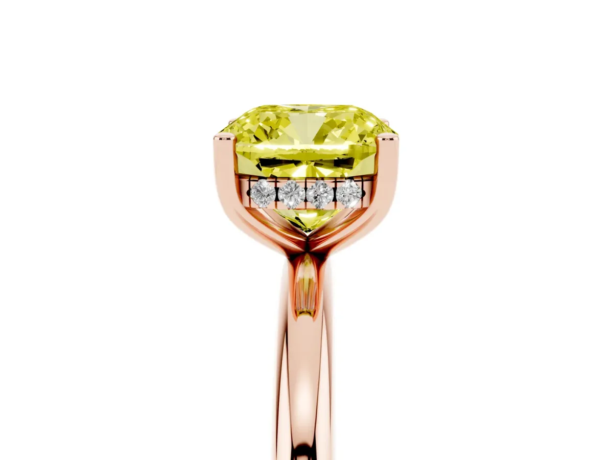 Fancy Yellow Cushion Cut Cut Solitaire Engagement Ring with Four-Prong Setting and Classic Band Rose gold