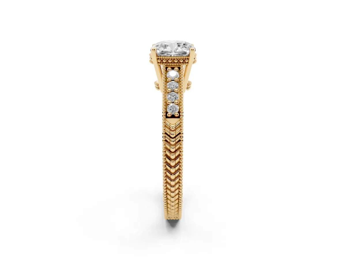 Cushion Cut Solitaire Pavé Diamond Milgrain Engagement Ring with Four-Prong Setting Yellow gold