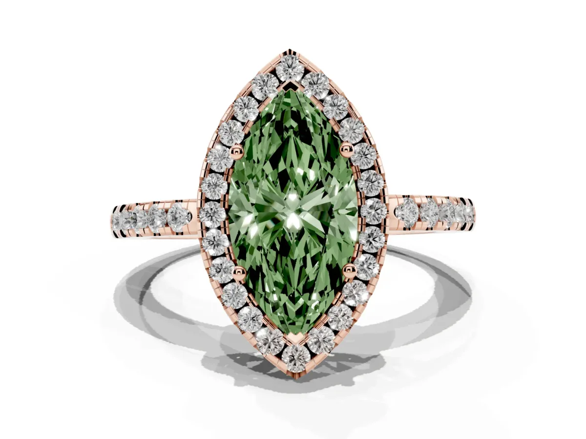Fancy Green Marquise Cut Halo Diamond Engagement Ring with Pavé Band and Four-Prong Setting Rose gold
