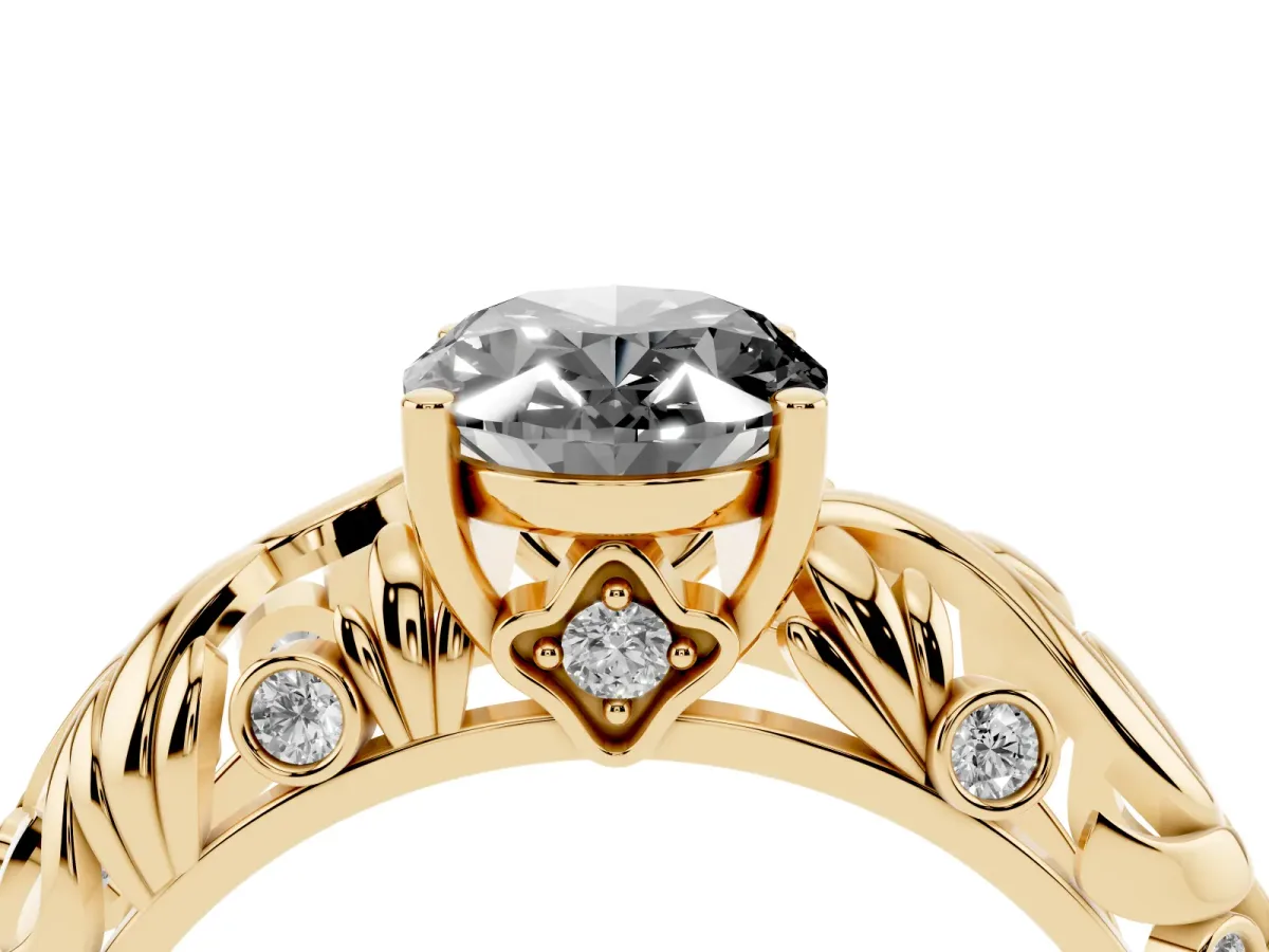 Fancy Black Oval Cut Solitaire Diamond Leaf-Inspired Vine Band Ring with Prong Setting Yellow gold