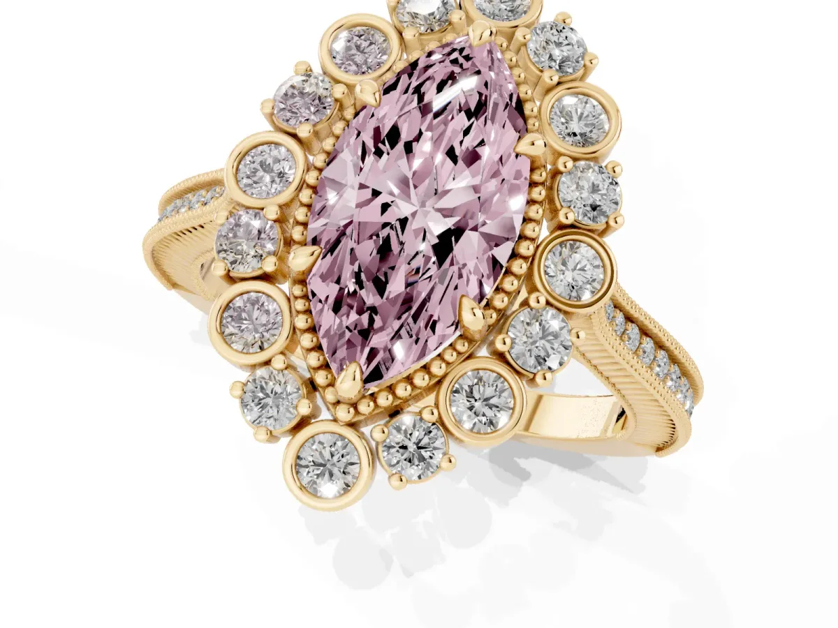 Fancy Pink Marquise Cut Halo Milgrain Pave Diamond Ring with Four-Prong Setting Yellow gold