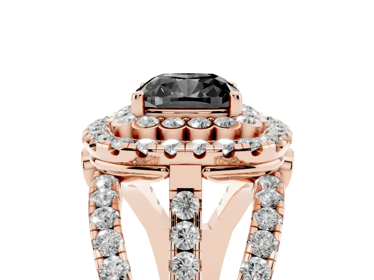 Fancy Black Cushion Cut Diamond Double Halo Ring with Round Pavé Split Shank and Prong Setting Rose gold