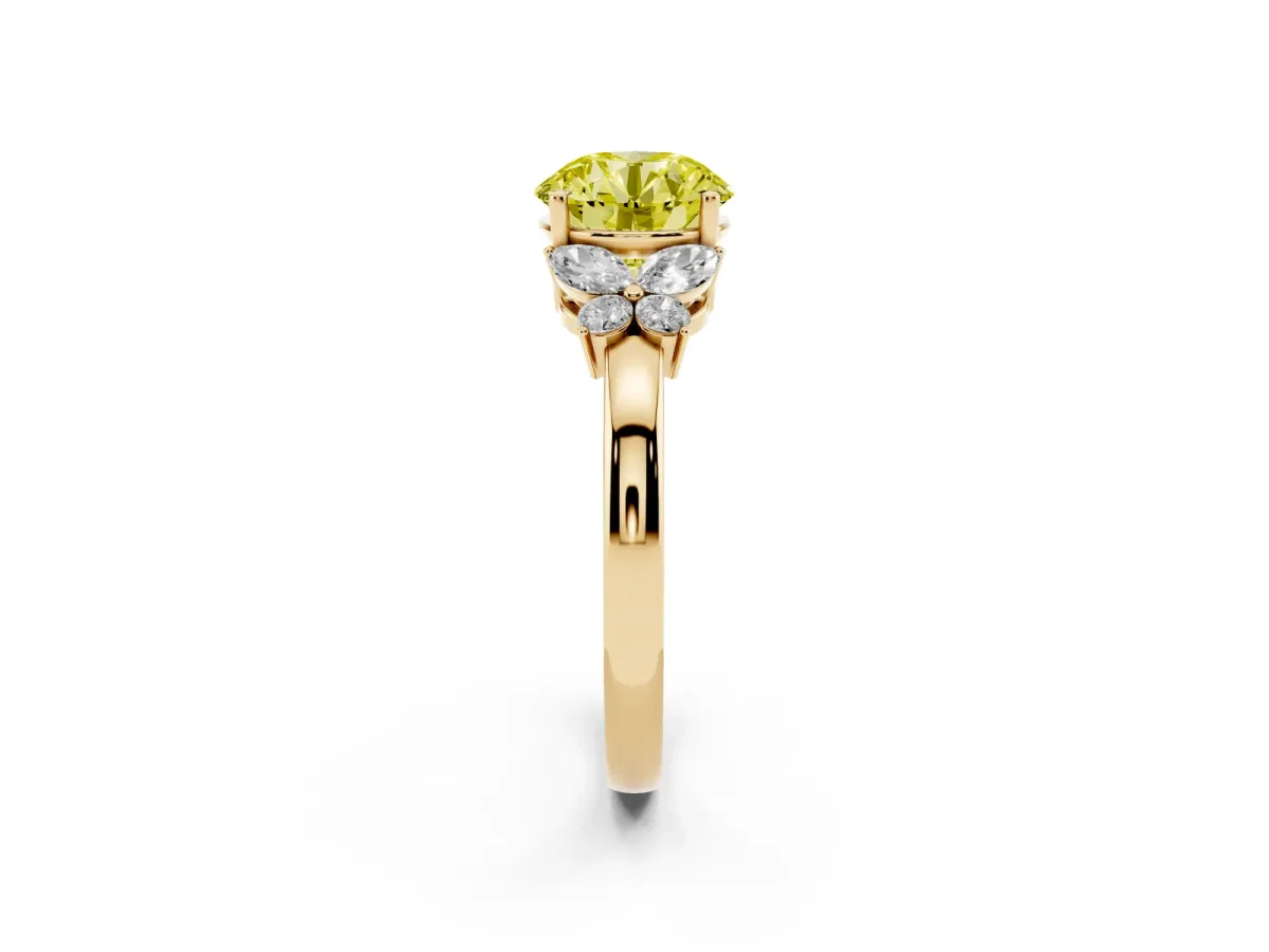 Fancy Yellow Round Cut Cut Solitaire Floral Diamond Ring with Four-Prong Setting Yellow gold