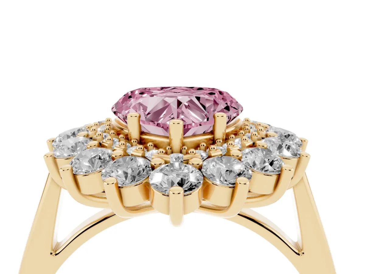 Fancy Pink Heart Cut Diamond Floral Double Halo Engagement Ring with Prong Setting Yellow gold