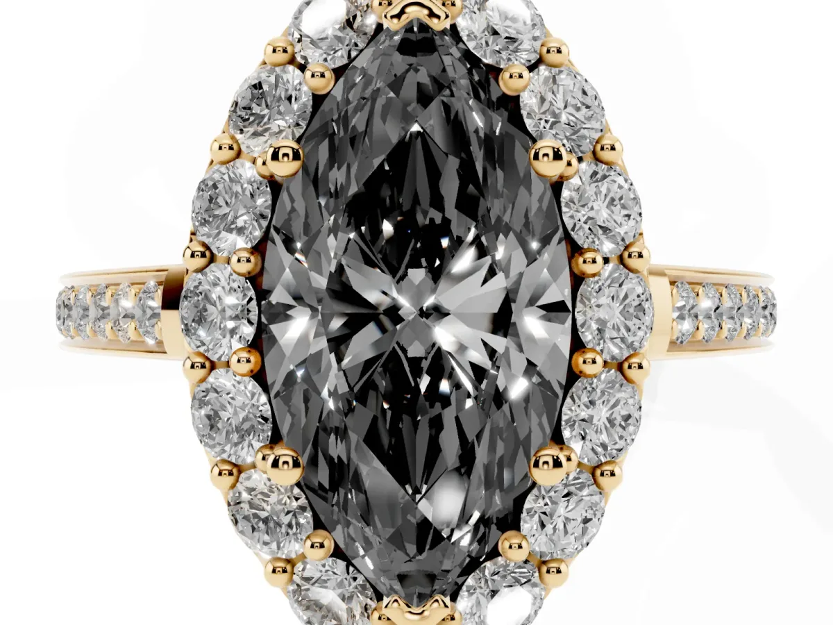 Fancy Black Marquise Cut Diamond Floral Halo Ring with Pavé Band and Prong Setting Yellow gold