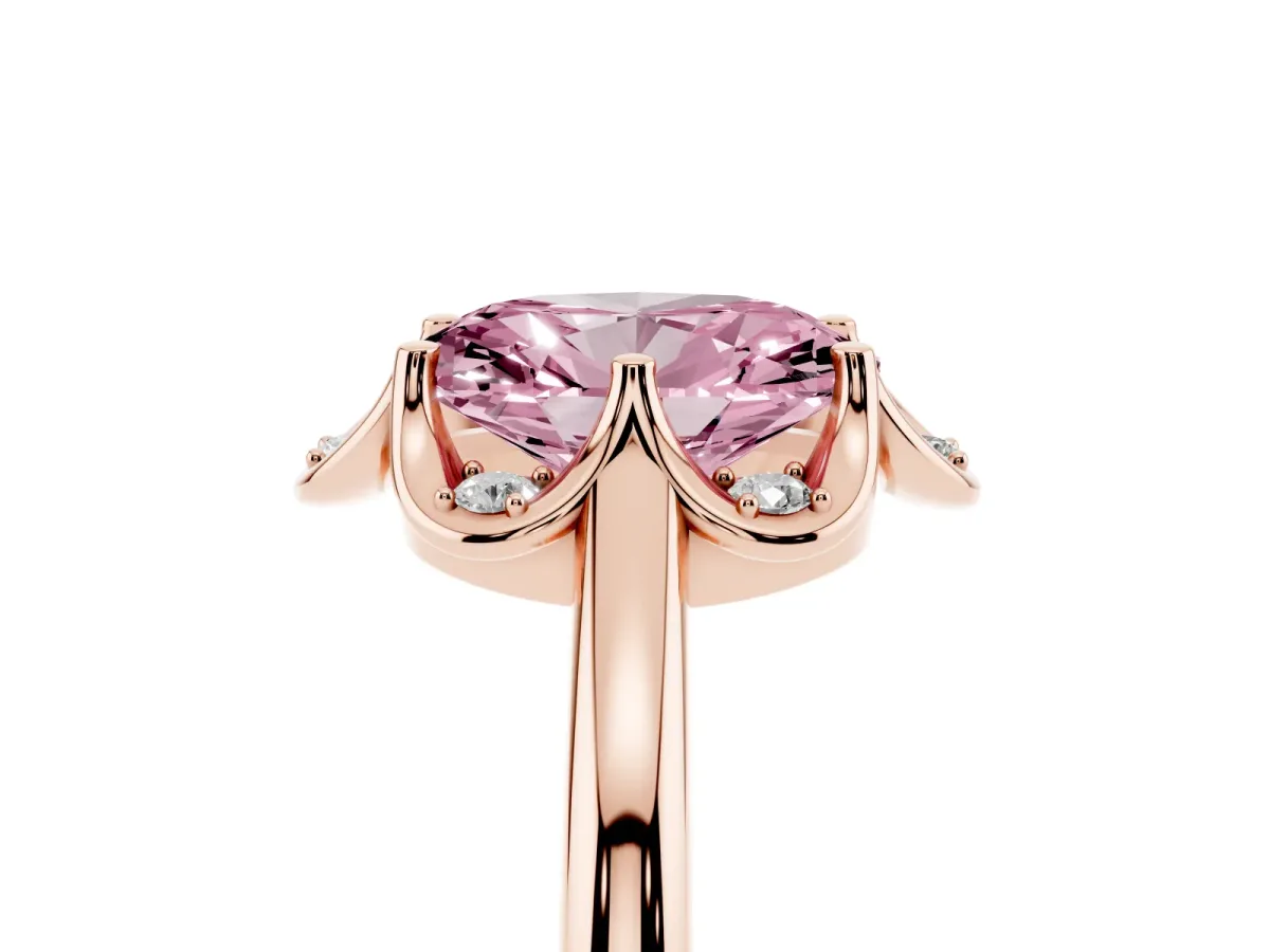 Fancy Pink Oval Cut Halo Diamond Ring with Round Cluster Setting, Solitaire Band, and Four-Prong Setting Rose gold