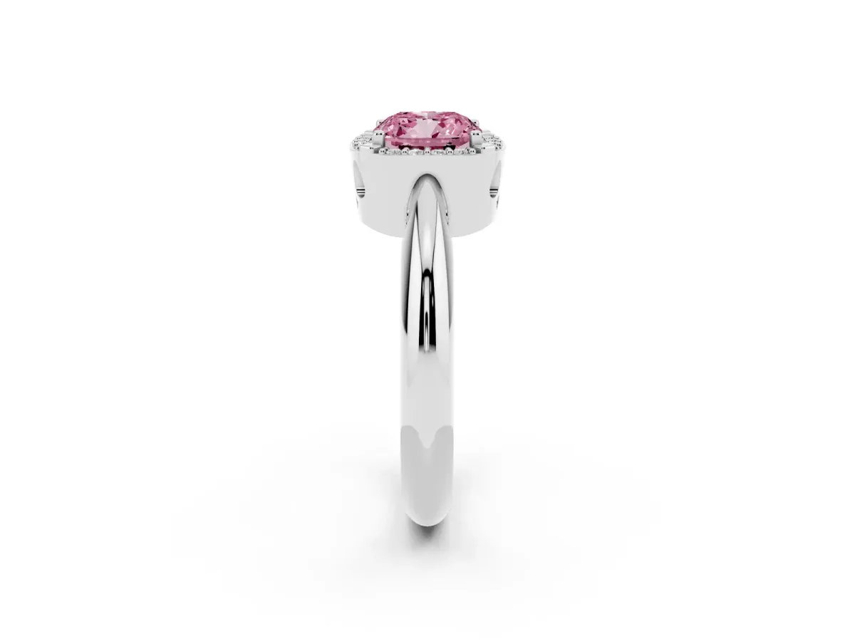 Fancy Pink Cushion Cut Cut Diamond Halo Engagement Ring with Split Shank and Four-Prong Setting Silver