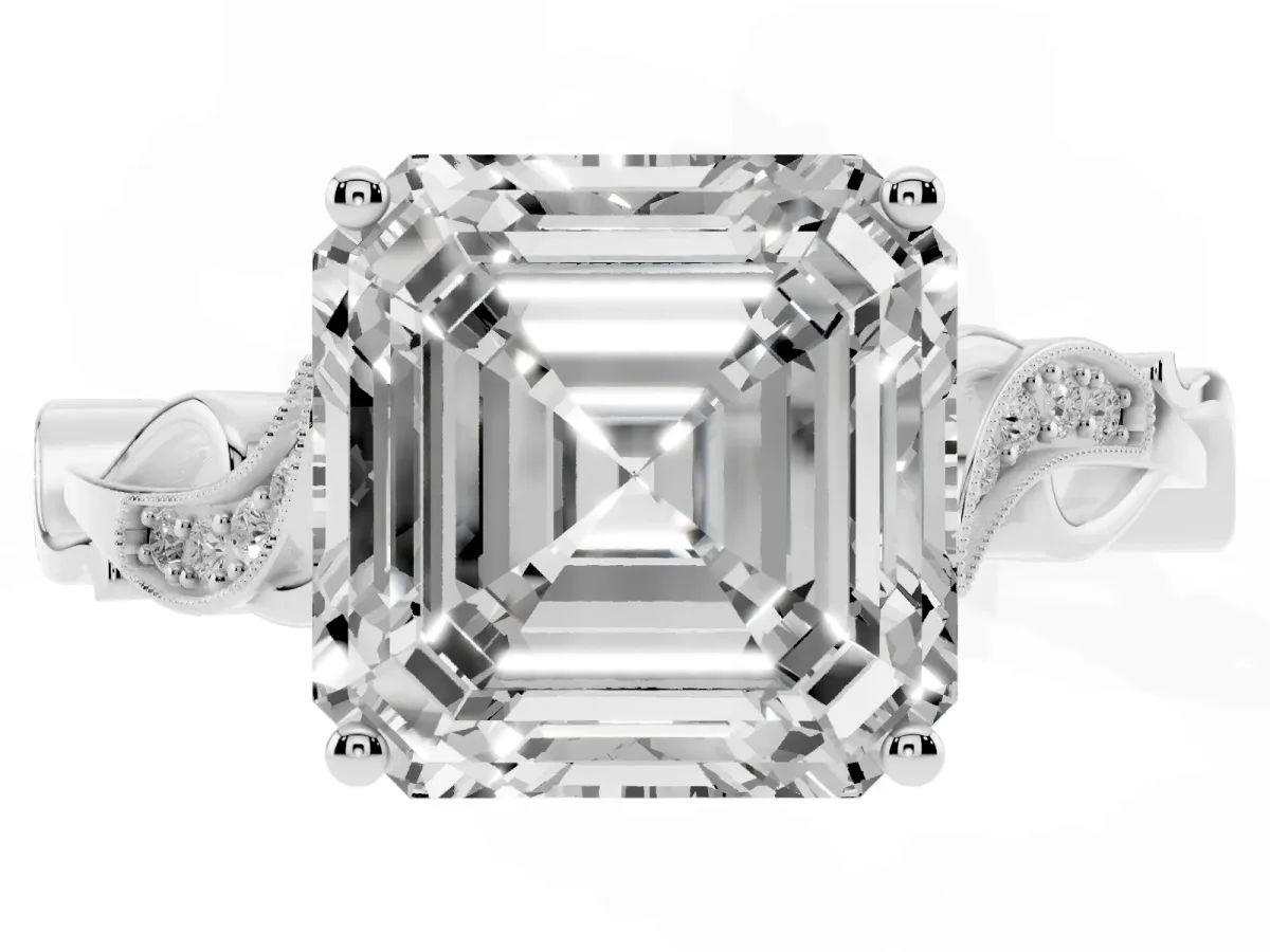 Asscher Cut Solitaire Vine Band with Milgrain Prong Setting Platinum