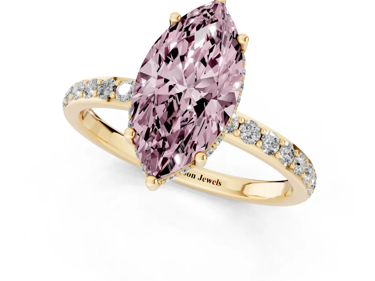 Fancy Pink Marquise Cut Diamond Solitaire Ring with Pavé Band and Hidden Halo Yellow gold