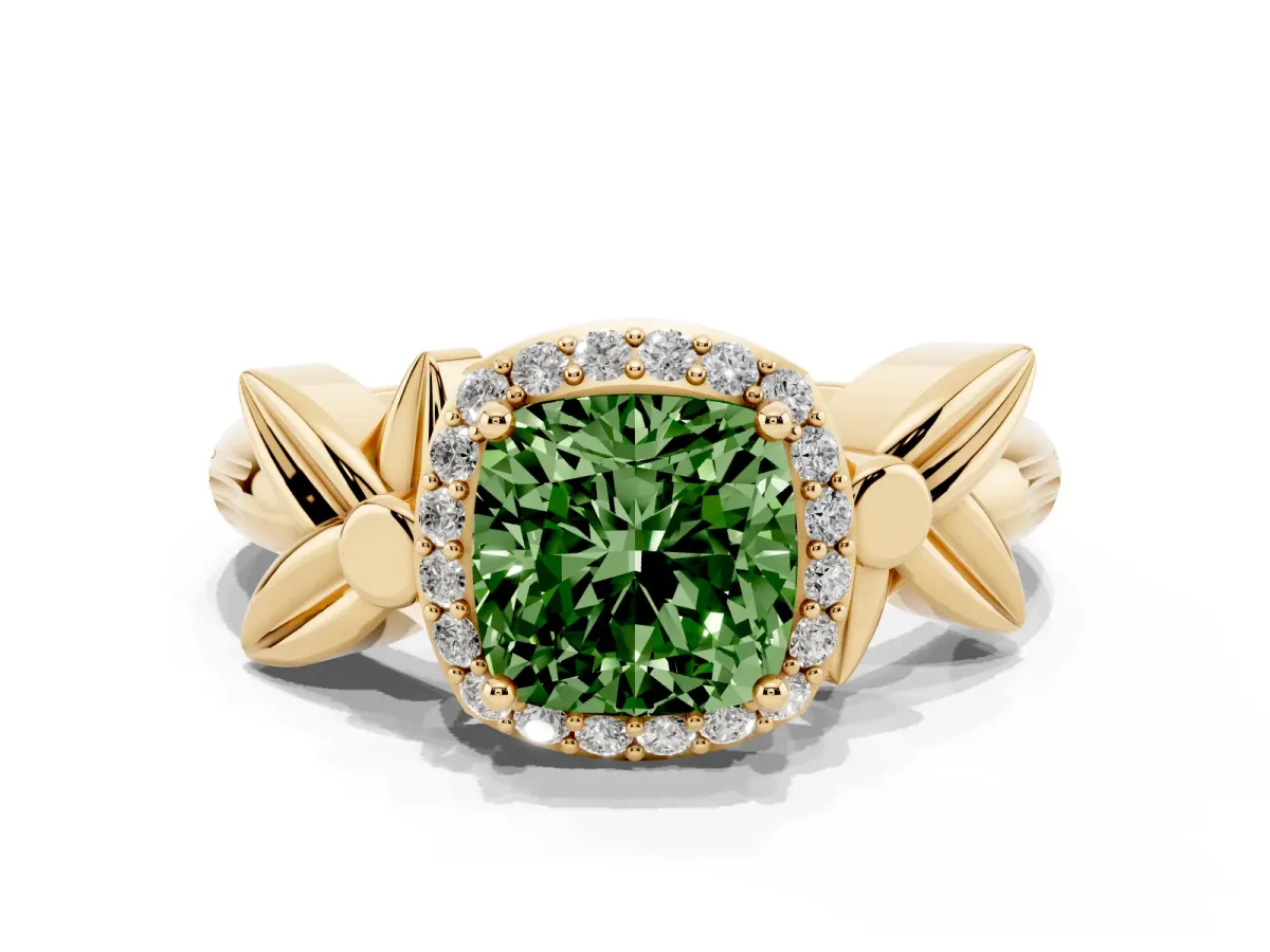 Fancy Green Cushion Cut Halo Diamond Floral Band with Four-Prong Setting Yellow gold