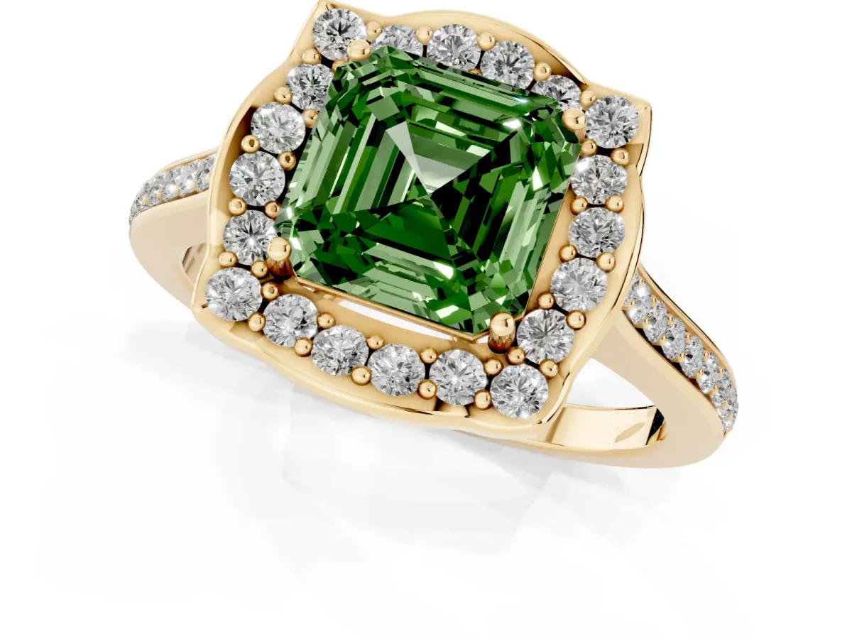 Fancy Green Asscher Cut Halo Round Diamond Pave Band with Four-Prong Setting Yellow gold