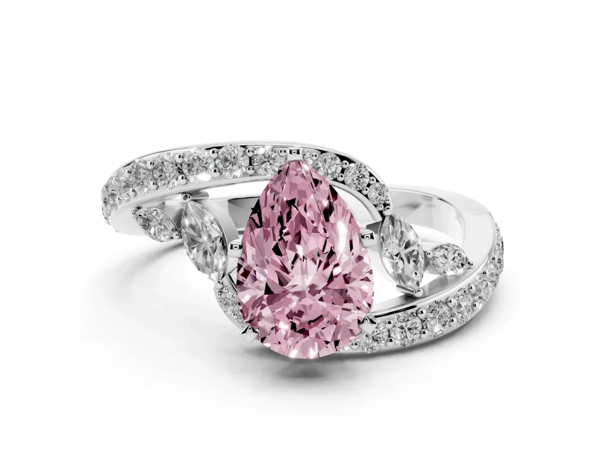 Fancy Pink Pear Cut Solitaire with Pavé Twist Band and Four-Prong Setting Silver