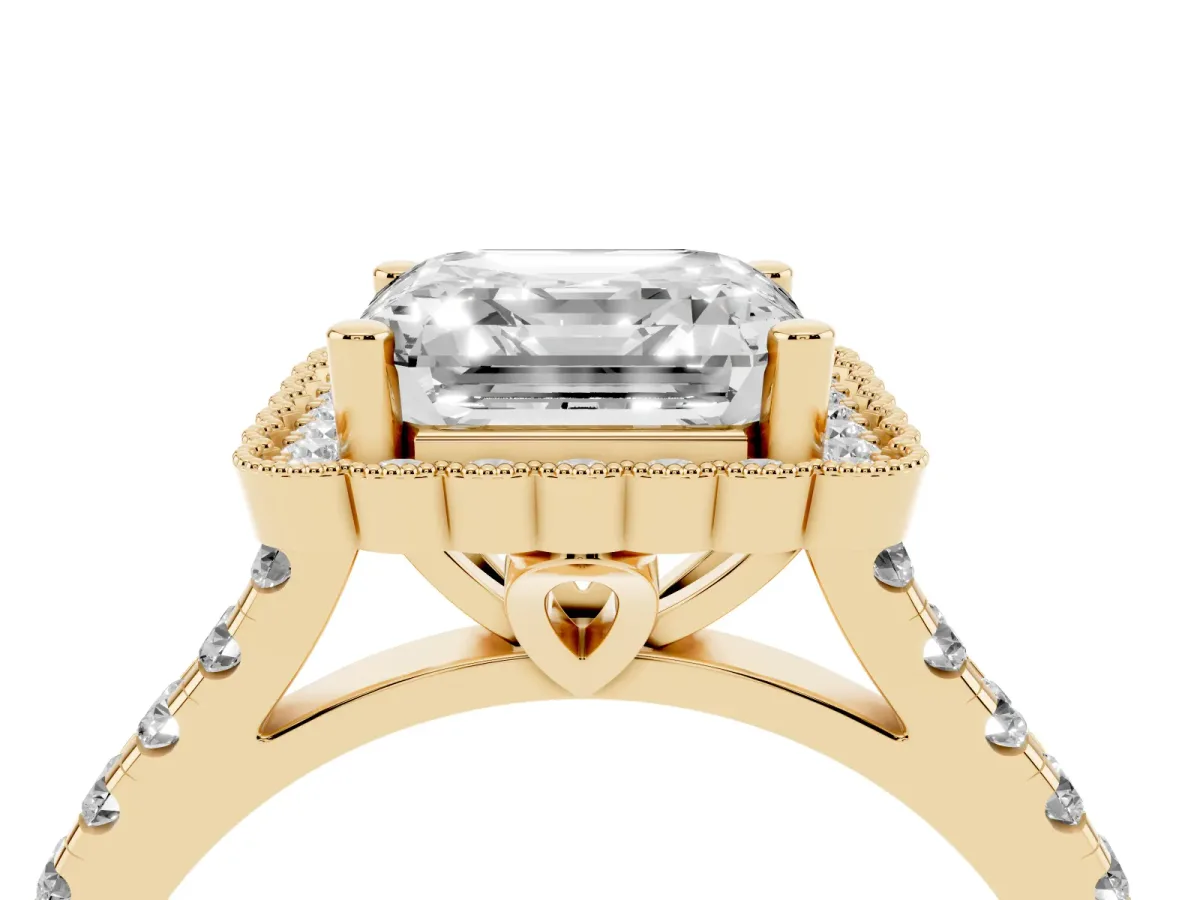 Asscher Cut Cut Diamond Milgrain Floral Halo Engagement Ring with Pavé Band Yellow gold