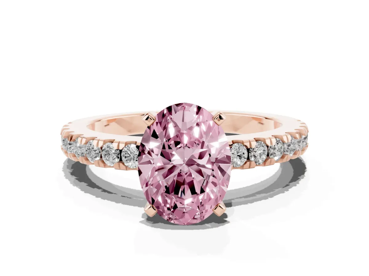 Fancy Pink Oval Cut Solitaire Diamond with Pavé Band and Four-Prong Setting Rose gold
