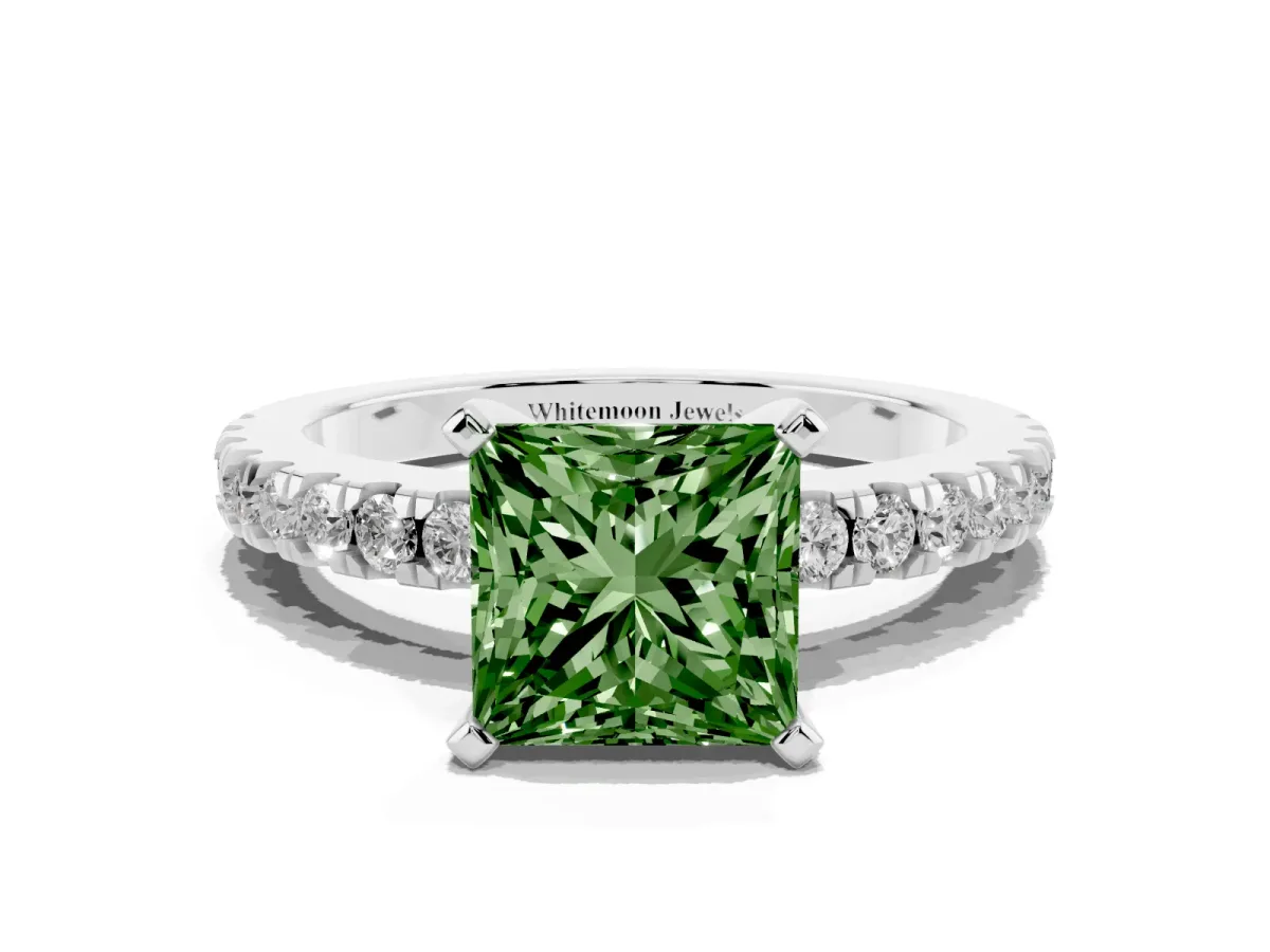 Fancy Green Princess Cut Solitaire Diamond with Pavé Band and Four-Prong Setting Platinum