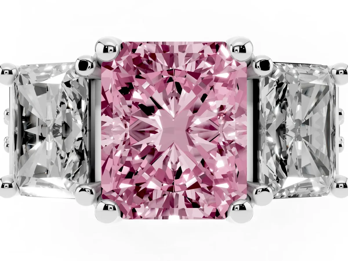 Fancy Pink Radiant Cut Diamond Three-Stone Ring with Channel Set Band and Four-Prong Setting Silver