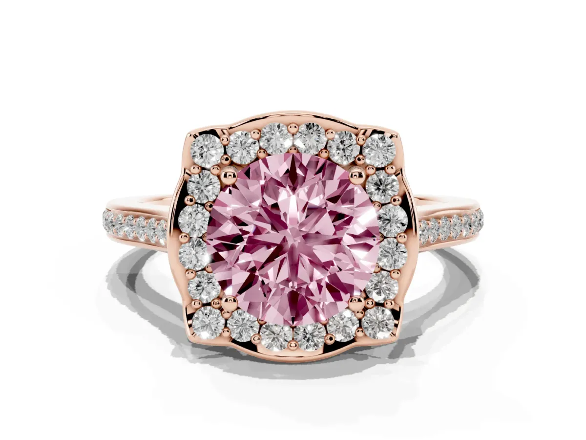 Fancy Pink Round Cut Halo Round Diamond Pave Band with Four-Prong Setting Rose gold
