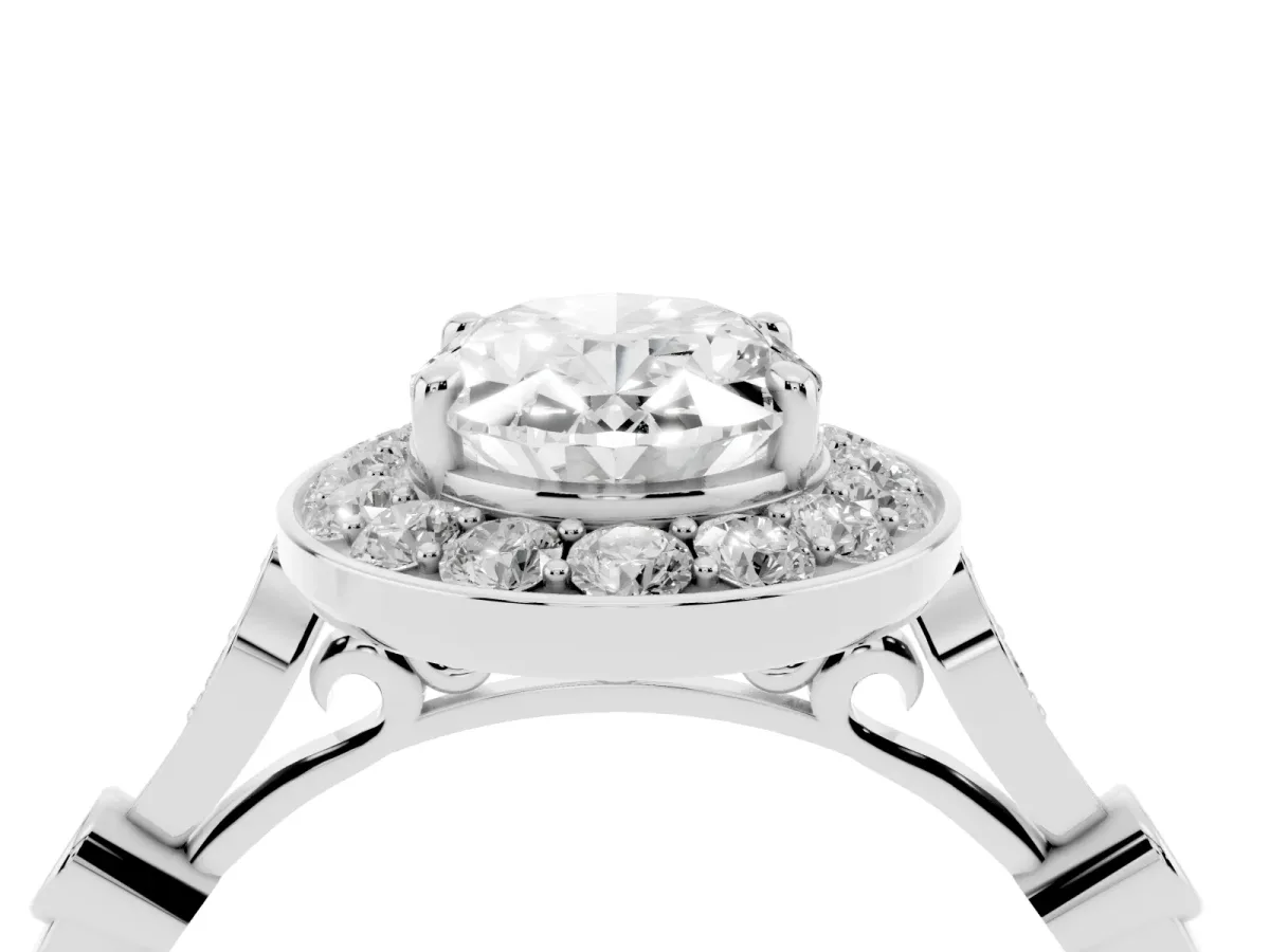 Oval Cut Halo Diamond Engagement Ring with Twisted Band and Four-Prong Setting Silver