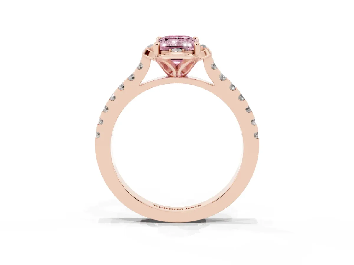 Fancy Pink Emerald Cut Diamond Ring with Pavé Band and Floral Prong Setting Rose gold