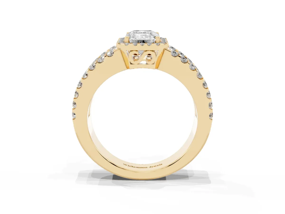 Emerald Cut Cut Halo Split Shank Diamond Ring with Four-Prong Setting Yellow gold
