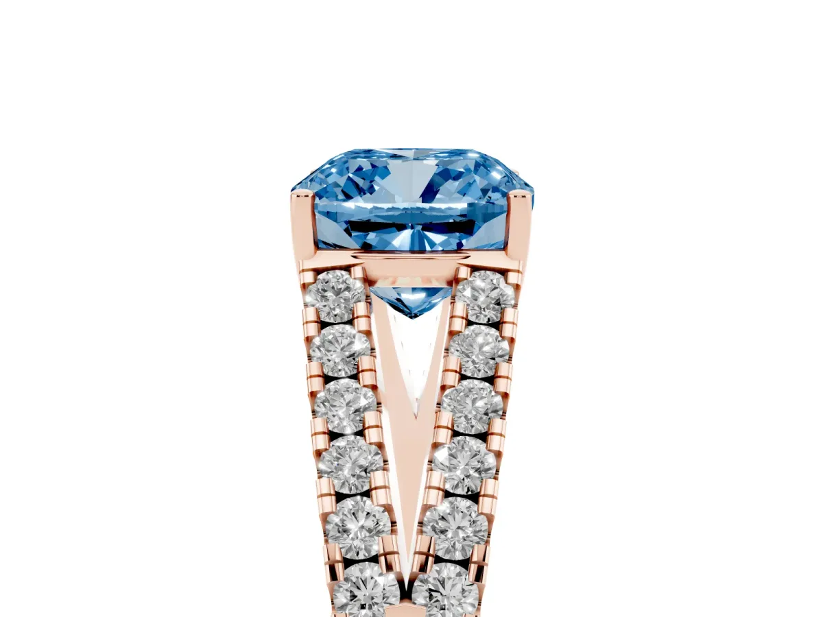 Fancy Blue Cushion Cut Diamond Split Shank Pavé Engagement Ring with Four-Prong Setting Rose gold