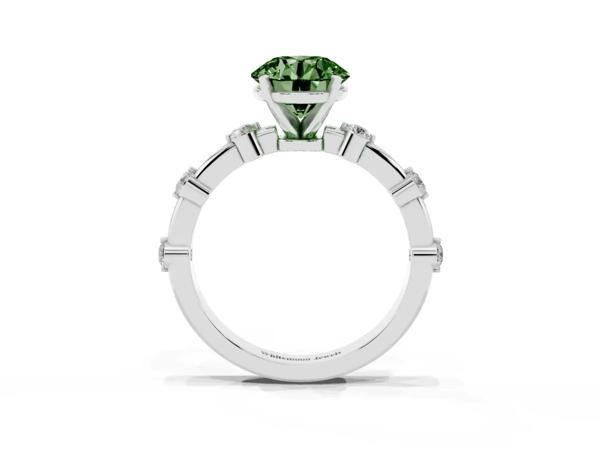 Fancy Green Round Cut Solitaire Diamond Ring with Bezel Set Side Stones and Prong Setting Silver