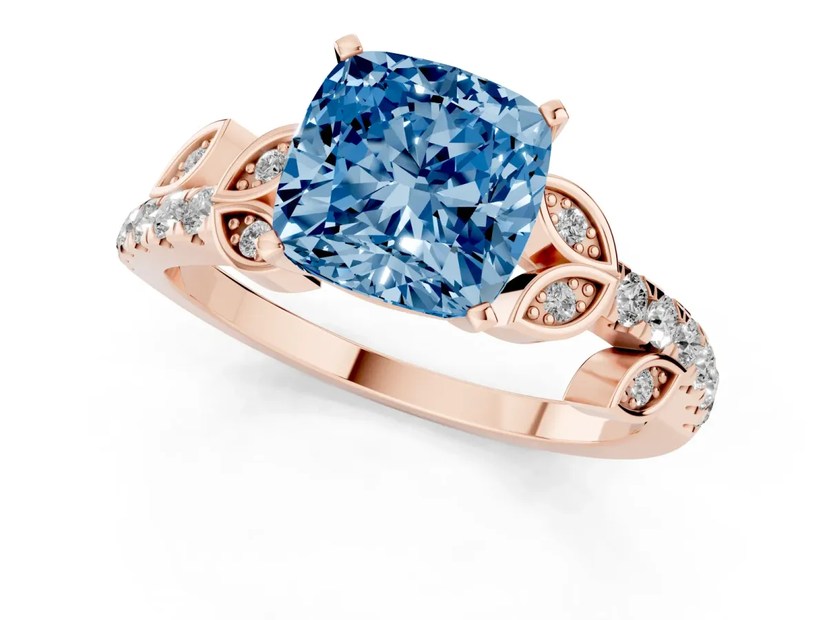 Fancy Blue Cushion Cut Solitaire Leaf-Inspired Diamond Ring with Pavé Band and Four-Prong Setting Rose gold