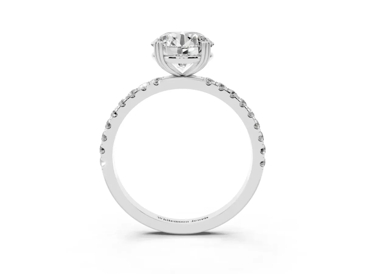 Round Cut Brilliant Solitaire with Pavé Band and Claw Prong Setting Platinum