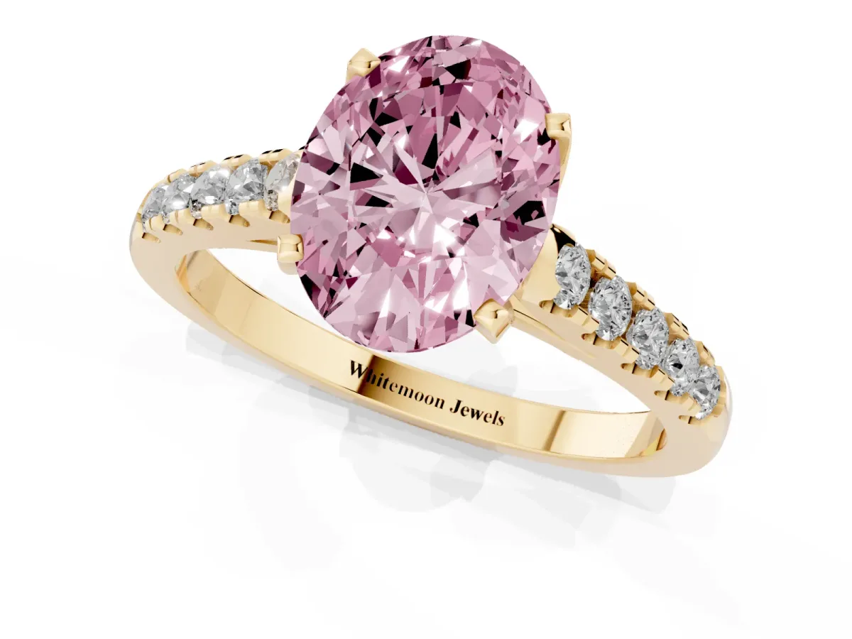Fancy Pink Oval Cut Diamond Pavé Band Solitaire Ring with Prong Setting Yellow gold