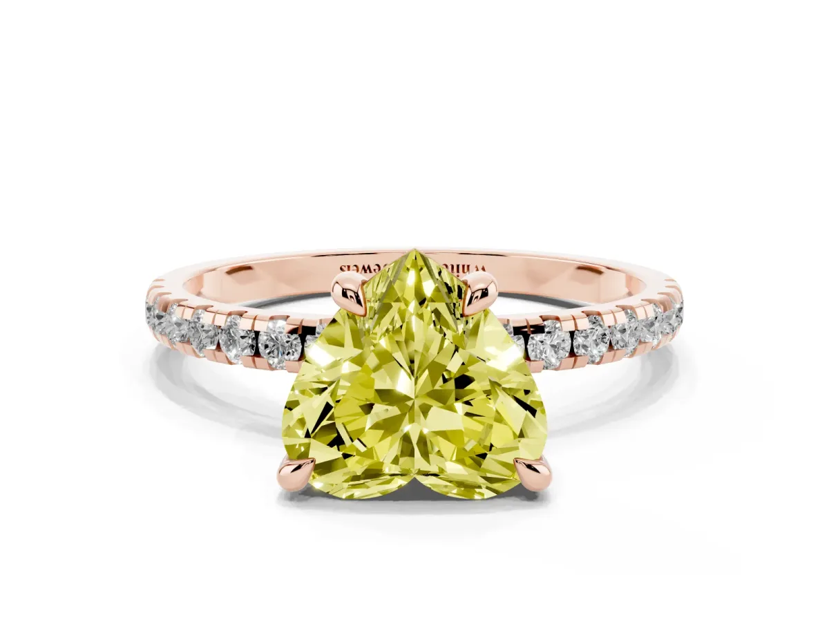 Fancy Yellow Heart Cut Diamond Brilliant Solitaire Ring with Pavé Band and Four-Prong Setting Rose gold