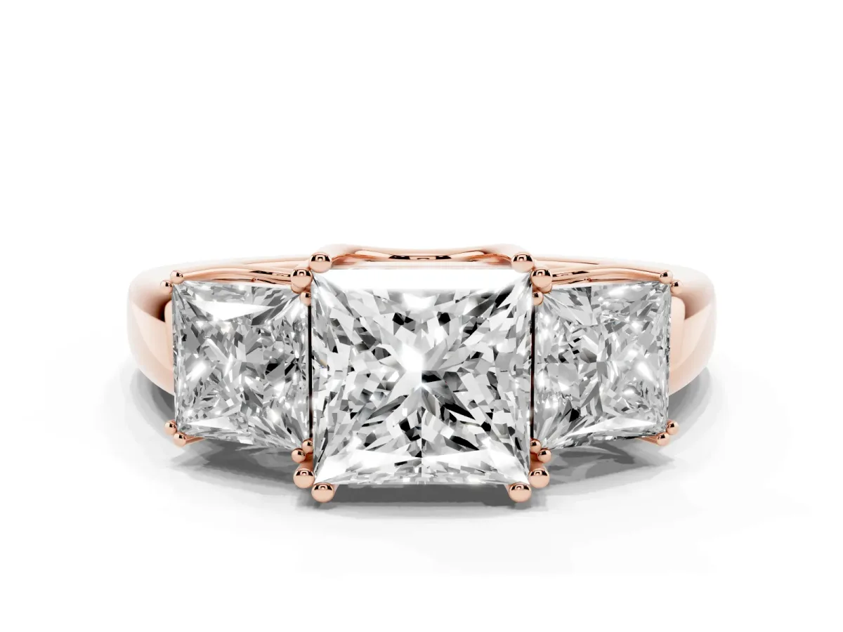 Three-Stone Princess Cut Cut Diamond Ring with Channel Set Band and Four-Prong Setting Rose gold