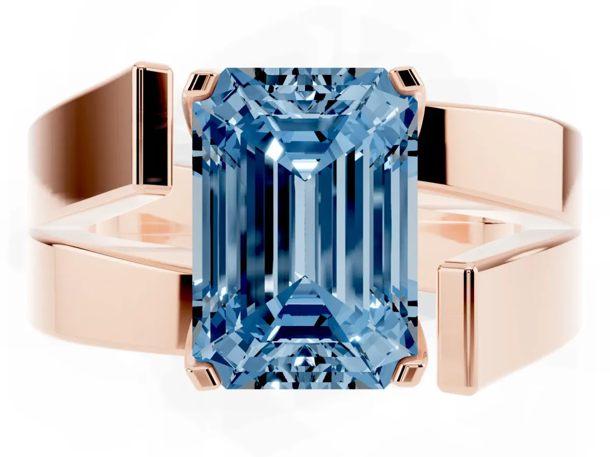 Fancy Blue Modern Tension Set Emerald Cut Diamond Solitaire Wide Band Ring Rose gold