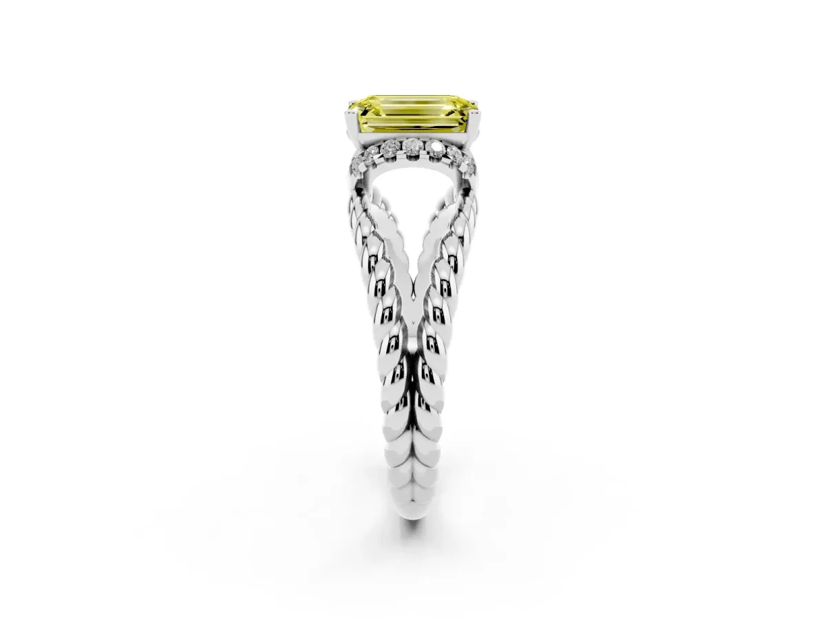 Fancy Yellow Emerald Cut Halo Twisted Band Four-Prong Ring Silver