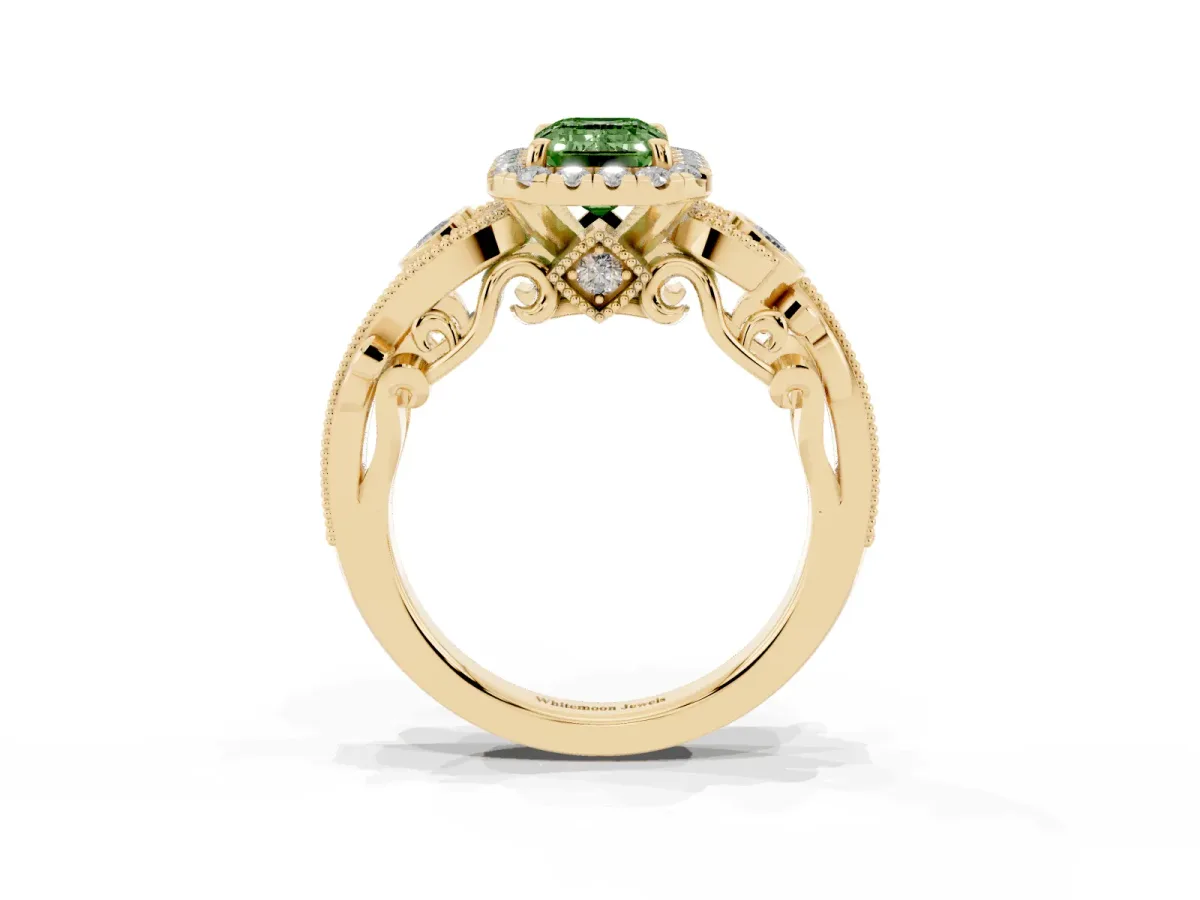 Fancy Green Emerald Cut Halo Diamond Ring with Milgrain and Bezel Accents on a Split Shank Band Yellow gold