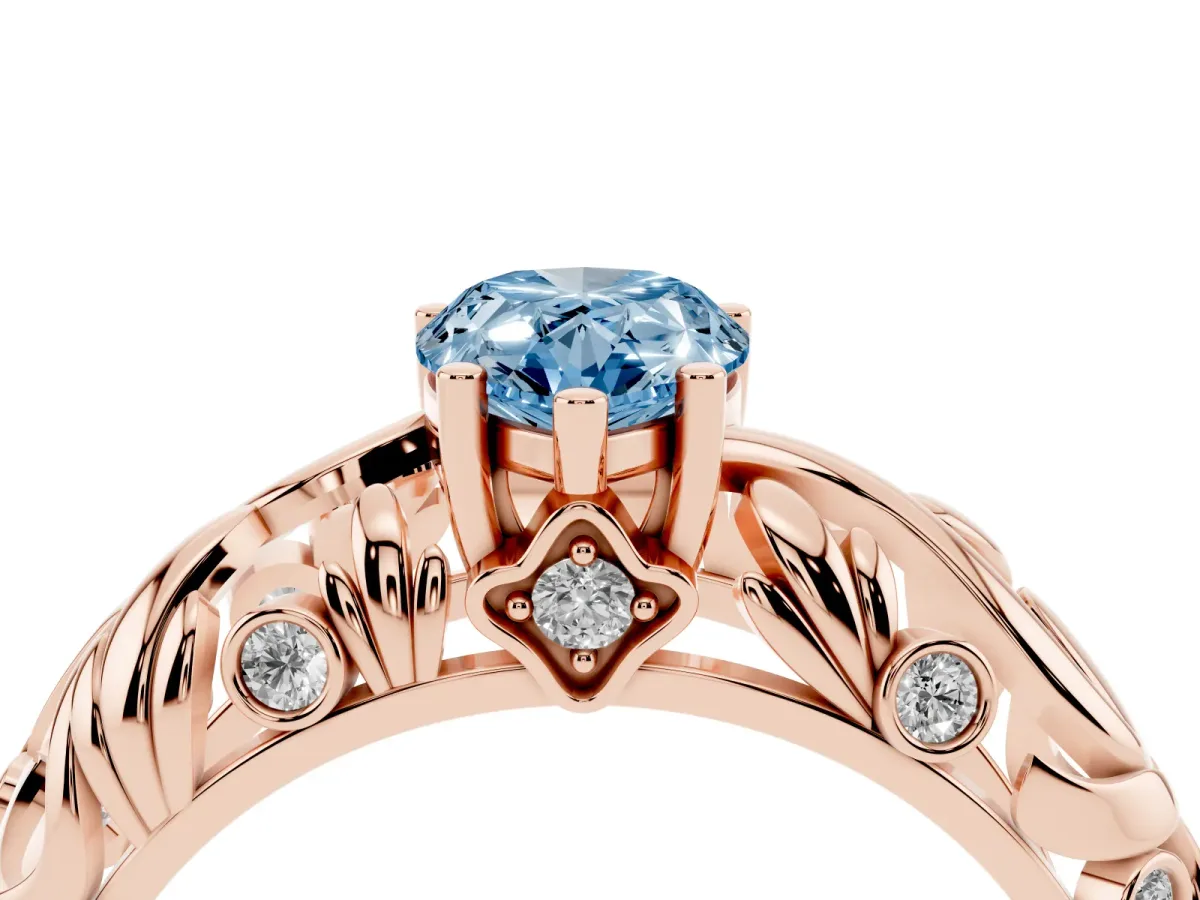 Fancy Blue Pear Cut Solitaire Diamond Leaf-Inspired Vine Band Ring with Prong Setting Rose gold