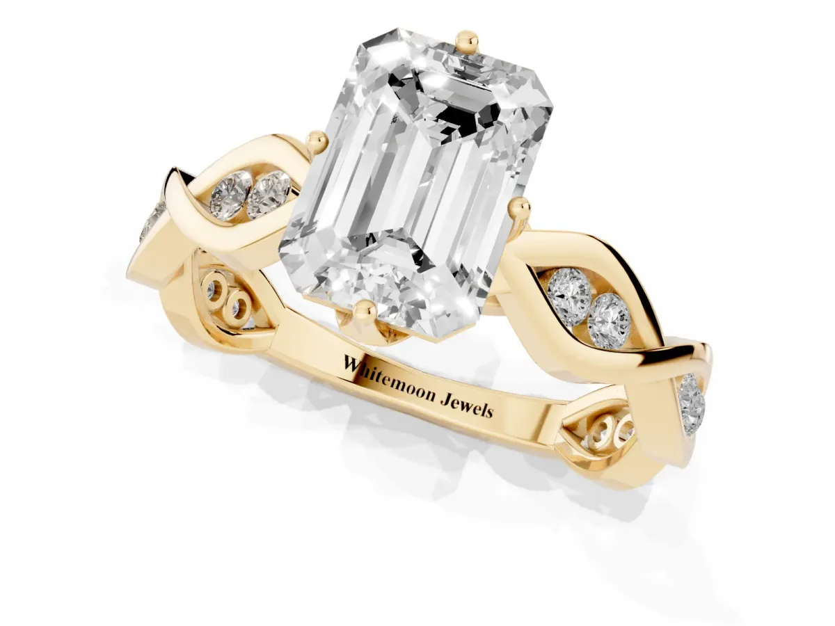 Emerald Cut Solitaire Twist Band with Leaf Prong Setting Yellow gold