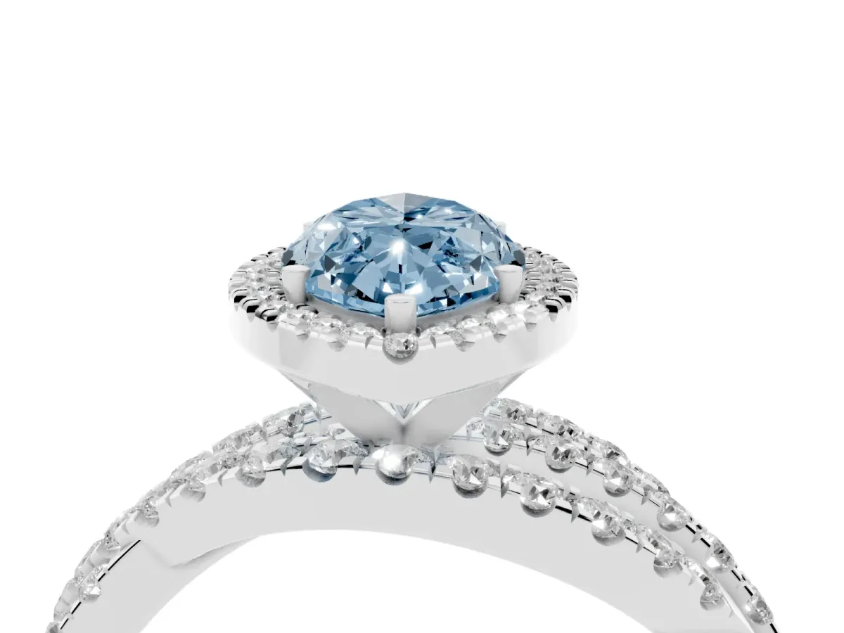 Fancy Blue Marquise Cut Diamond Halo Ring with Round Split Shank and Prong Setting Platinum