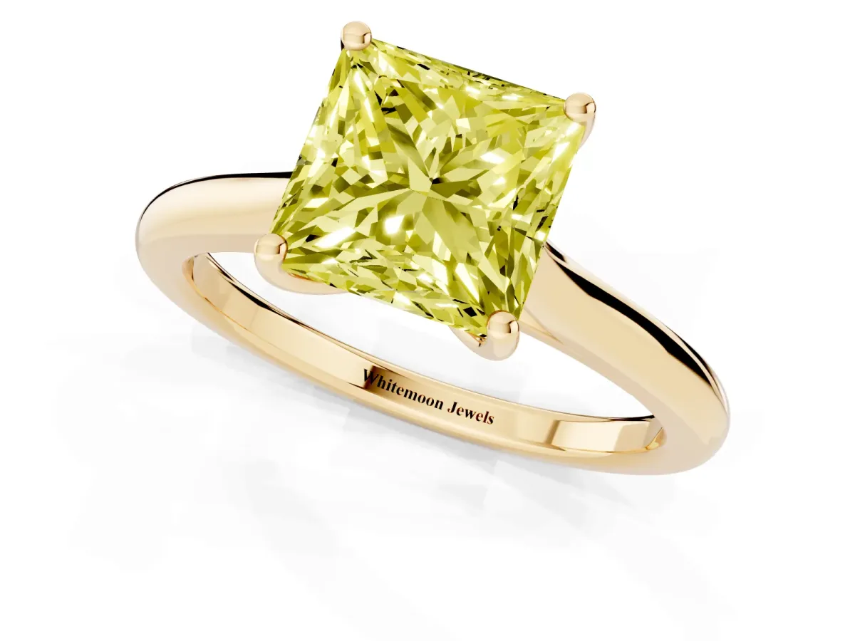 Fancy Yellow Princess Cut Cut Solitaire Ring with Cathedral Band and Four-Prong Setting Yellow gold