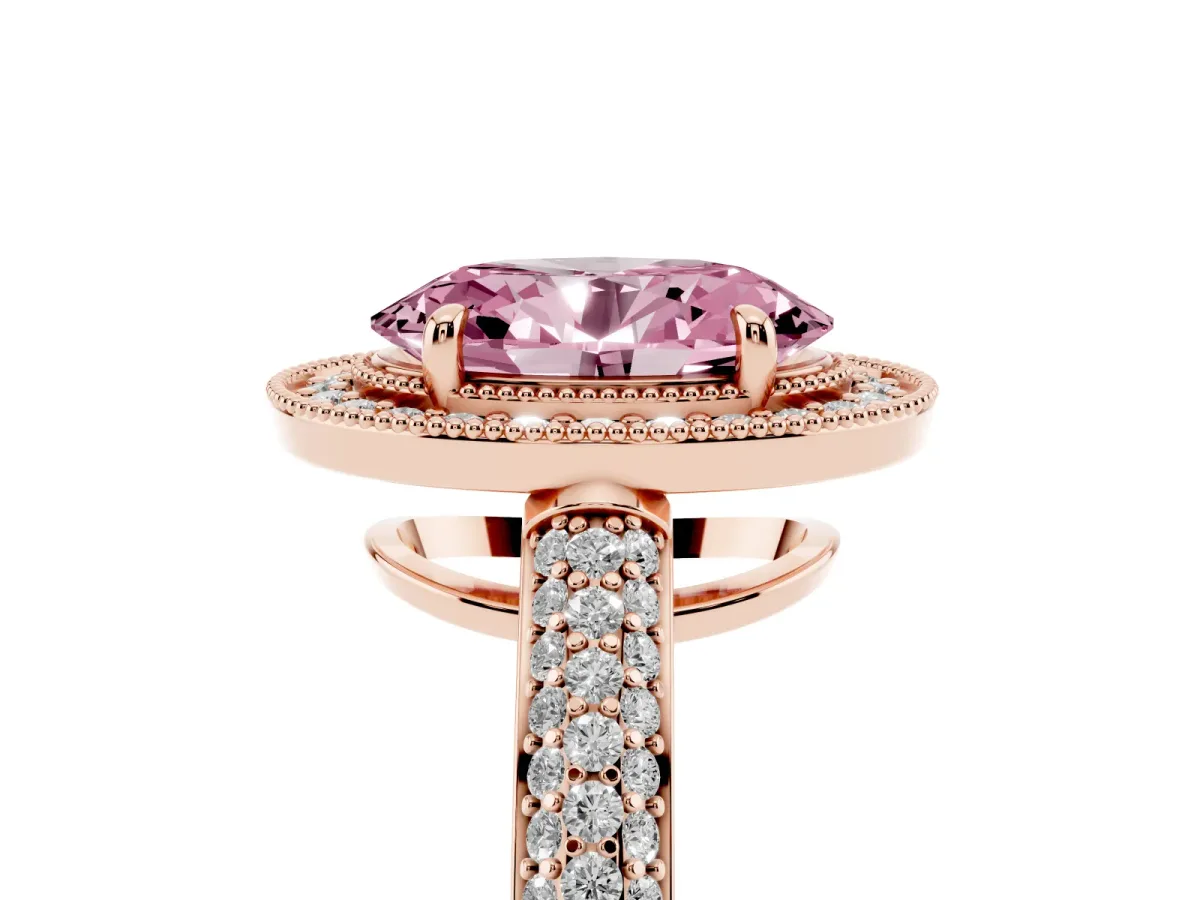 Fancy Pink Oval Cut Cut Halo Diamond Pave Band with Four-Prong Setting Rose gold