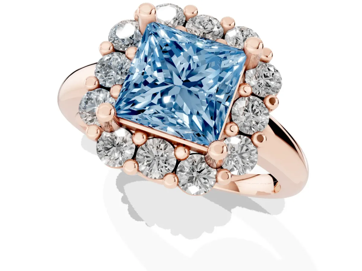 Fancy Blue Princess Cut Halo Cluster Diamond Engagement Ring with Prong Setting and Polished Band Rose gold