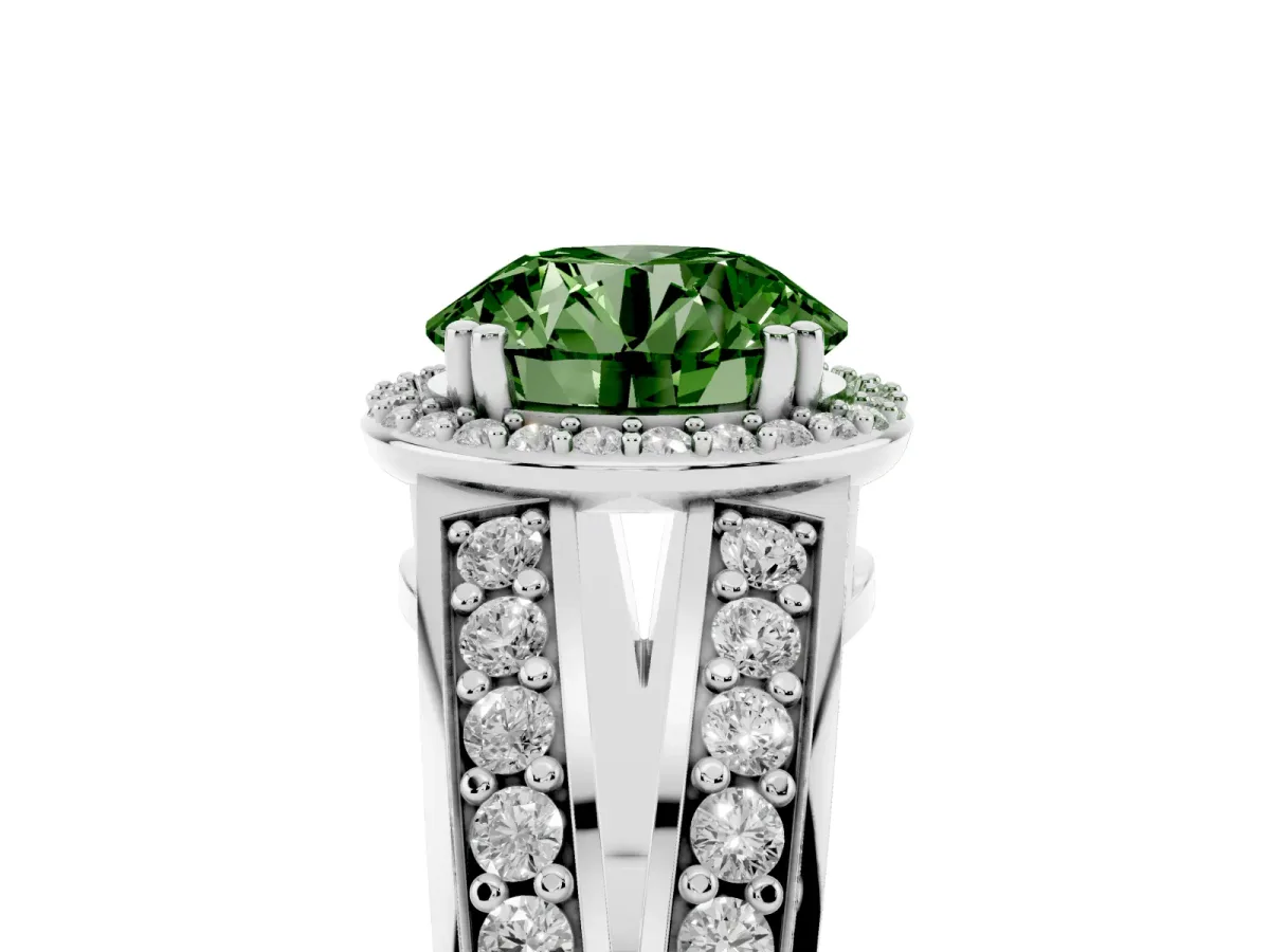 Fancy Green Round Cut Diamond Halo Ring with Split Shank Pavé Band and Four-Prong Setting Platinum