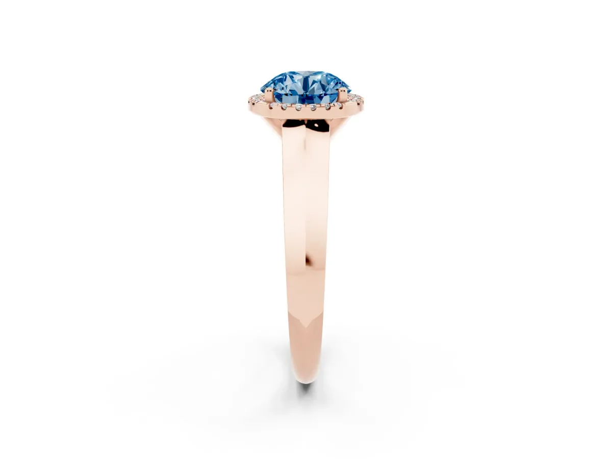 Fancy Blue Round Cut Halo Diamond Ring with Cathedral Band and Four-Prong Setting Rose gold