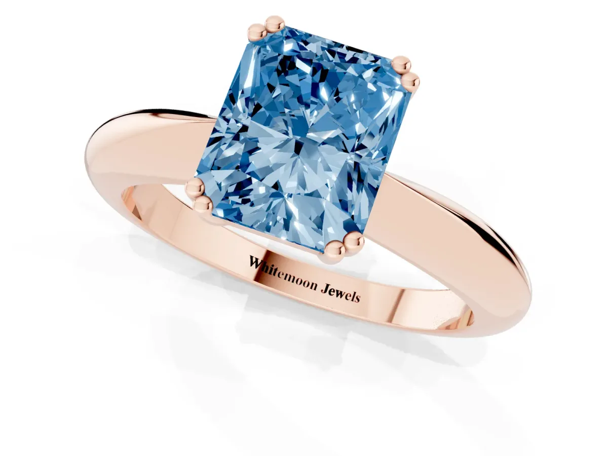 Fancy Blue Radiant Cut Cut Solitaire Engagement Ring with Tapered Band and Four-Prong Setting Rose gold
